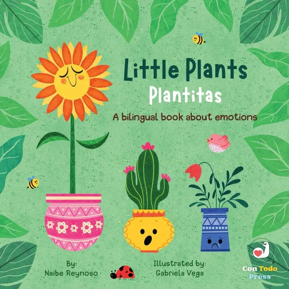 Cover of Little Plants, Plantitas, showing a sunflower, a cactus, and a fern in patterned pots against green leaves